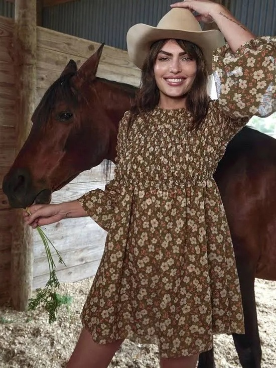 Tecovas Dresses & Skirts - Tecovas Olive Floral Smocked Long-Sleeve Dress with Puff Sleeves